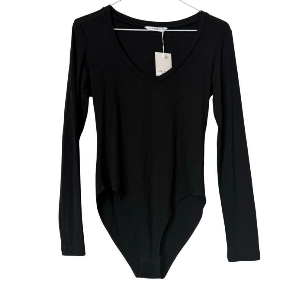 NWT Mangopop V-neck Long Sleeve Slim Fit Bodysuit Solid Black Small